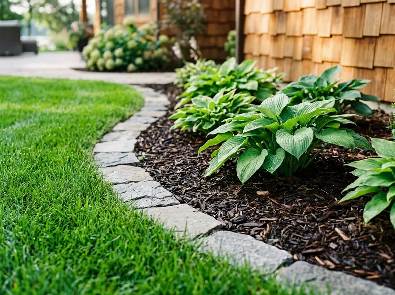 Crisp landscaping stone border and mulch bed in Detroit Lakes by Chips Clips