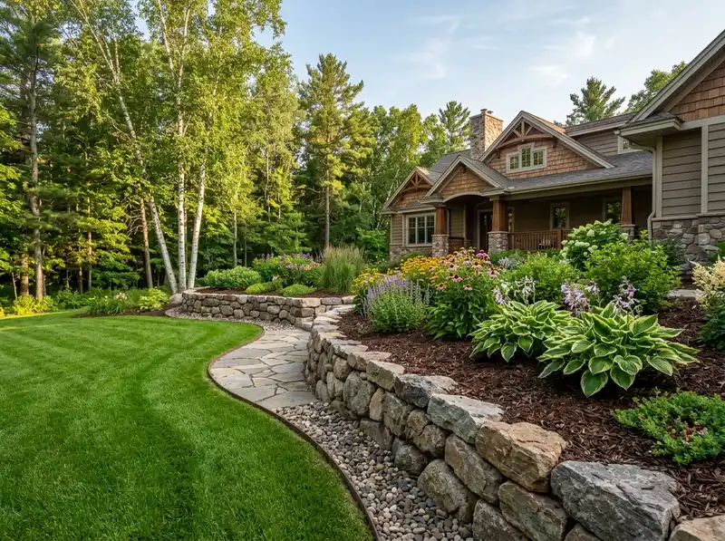 Professional landscaping with stone retaining wall and lush plants in Detroit Lakes, MN