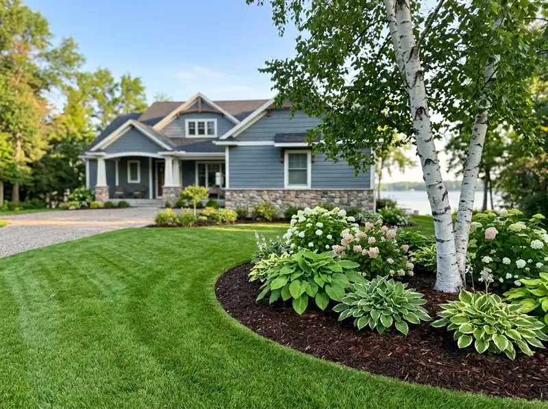 Manicured lawn and garden beds showing professional landscaping in Detroit Lakes.
