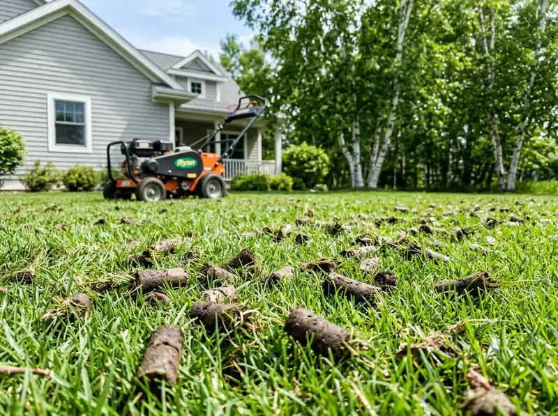 Lawn aeration plugs on a green Detroit Lakes yard by Chips Clips Lawncare MN Lawn aeration plugs on a green Detroit Lakes yard by Chips Clips Lawncare MN