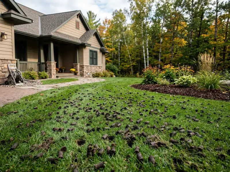 Fresh lawn aeration soil plugs on a green Detroit Lakes yard by Chips Clips Fresh lawn aeration soil plugs on a green Detroit Lakes yard by Chips Clips