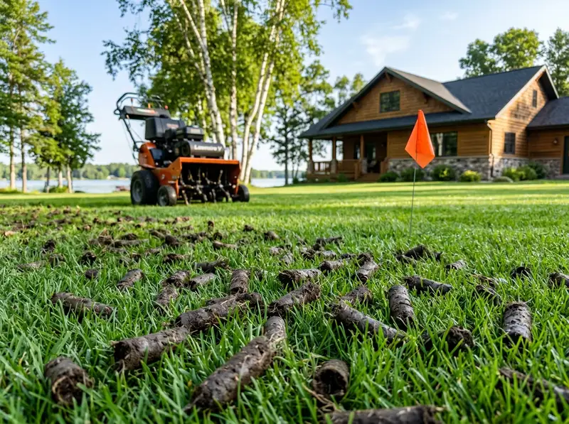 Lawn aeration soil cores on a green yard in Detroit Lakes by Chips Clips Lawn aeration soil cores on a green yard in Detroit Lakes by Chips Clips