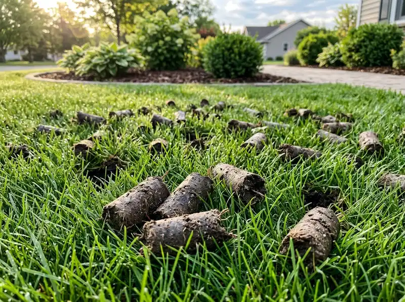Soil plugs on a healthy aerated green lawn in Detroit Lakes landscaping Soil plugs on a healthy aerated green lawn in Detroit Lakes landscaping