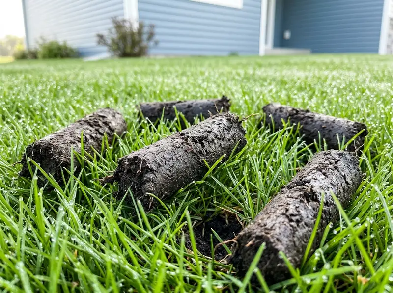 Core lawn aeration soil plugs on a green Detroit Lakes yard by Chips Clips Core lawn aeration soil plugs on a green Detroit Lakes yard by Chips Clips