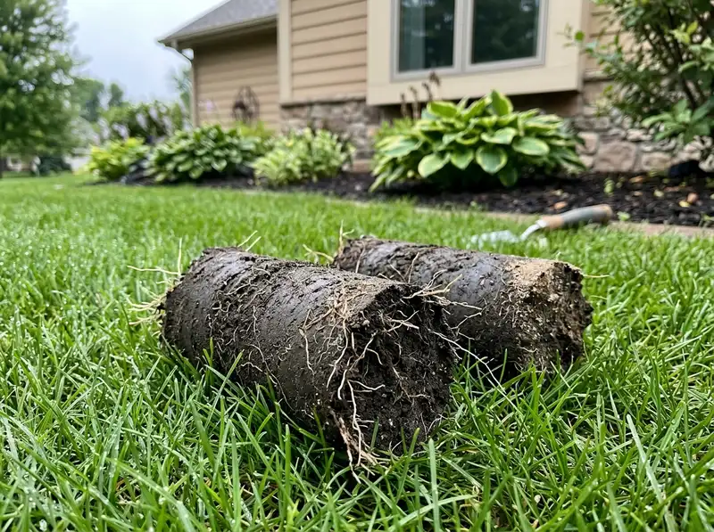 Core lawn aeration soil plugs on a lush green Detroit Lakes lawn Core lawn aeration soil plugs on a lush green Detroit Lakes lawn