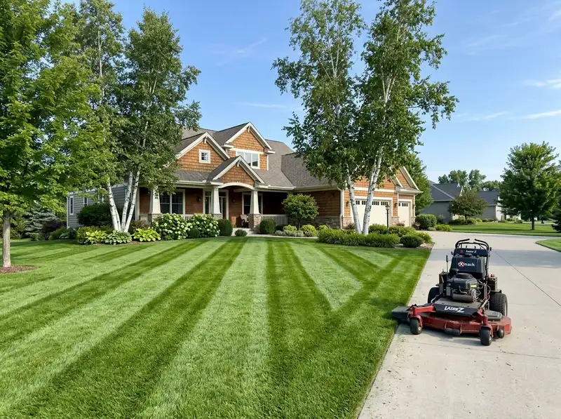 Freshly mowed lawn with crisp stripes and landscaping in Detroit Lakes Freshly mowed lawn with crisp stripes and landscaping in Detroit Lakes