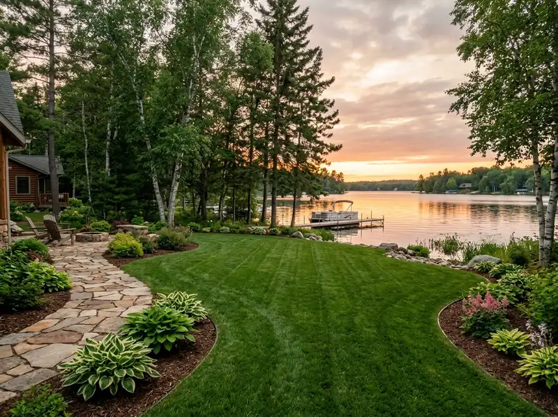 Lakeside landscaping and manicured green lawn in Detroit Lakes, Minnesota