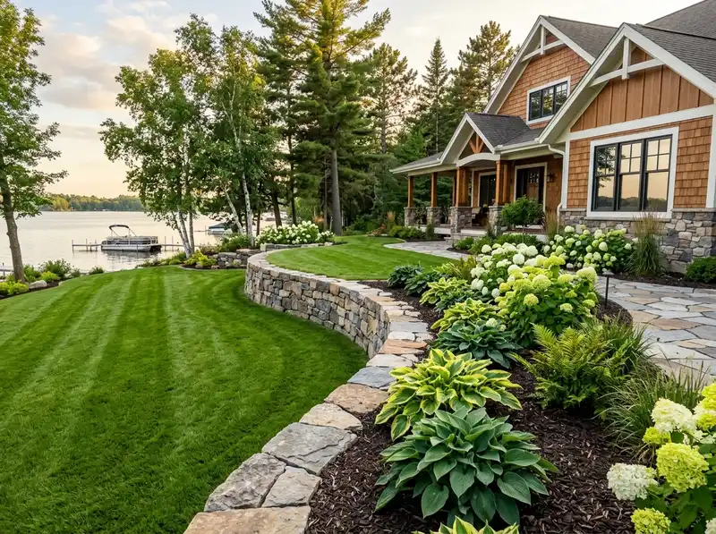 Professional landscaping and stone retaining wall in Detroit Lakes, Minnesota