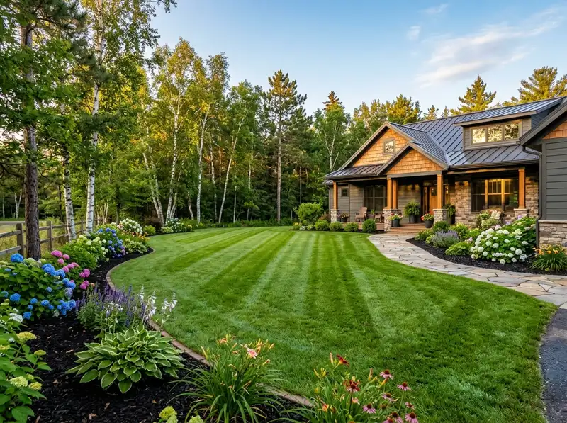 Professional landscaping and striped lawn in Detroit Lakes by Chips Clips