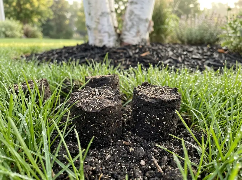 Fresh grass seed on aerated soil for Detroit Lakes landscaping and overseeding. Fresh grass seed on aerated soil for Detroit Lakes landscaping and overseeding.
