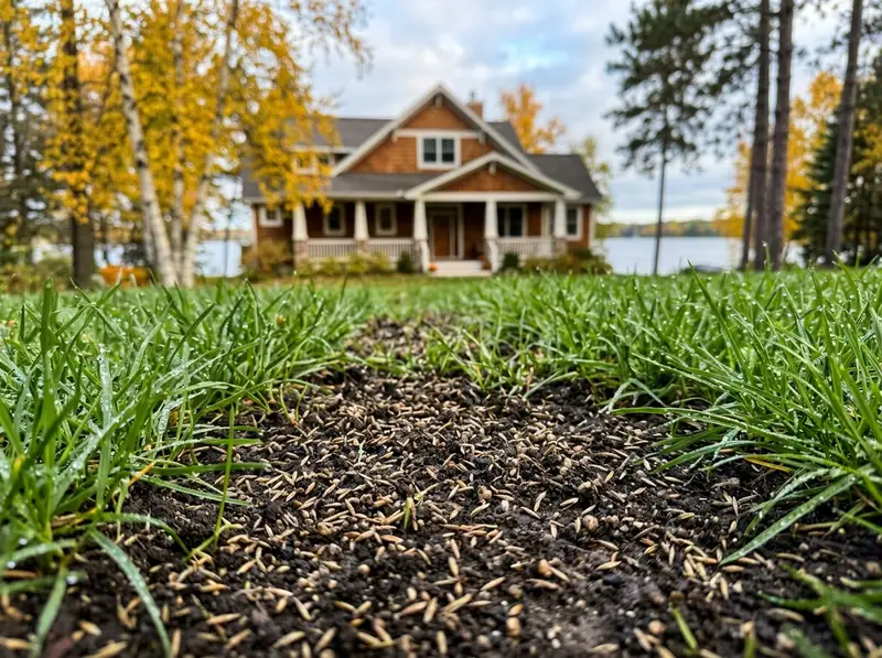 Grass seed scattered for overseeding landscaping in Detroit Lakes MN Grass seed scattered for overseeding landscaping in Detroit Lakes MN