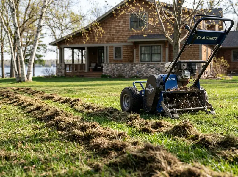 Professional power raking service on a Detroit Lakes lawn by Chips Clips Professional power raking service on a Detroit Lakes lawn by Chips Clips