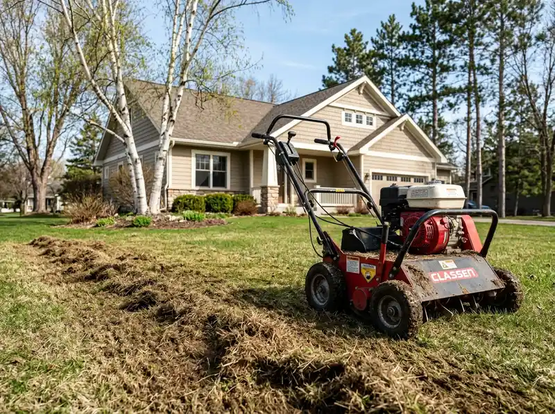 Professional power raking and landscaping on a Detroit Lakes lawn by Chips Clips Professional power raking and landscaping on a Detroit Lakes lawn by Chips Clips