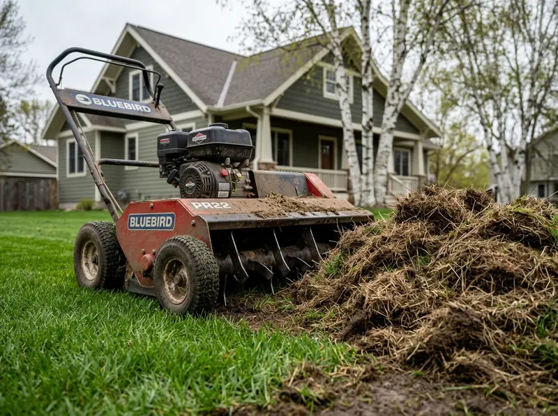 Thick thatch pile pulled up during a power raking landscaping service in Detroit Lakes Thick thatch pile pulled up during a power raking landscaping service in Detroit Lakes