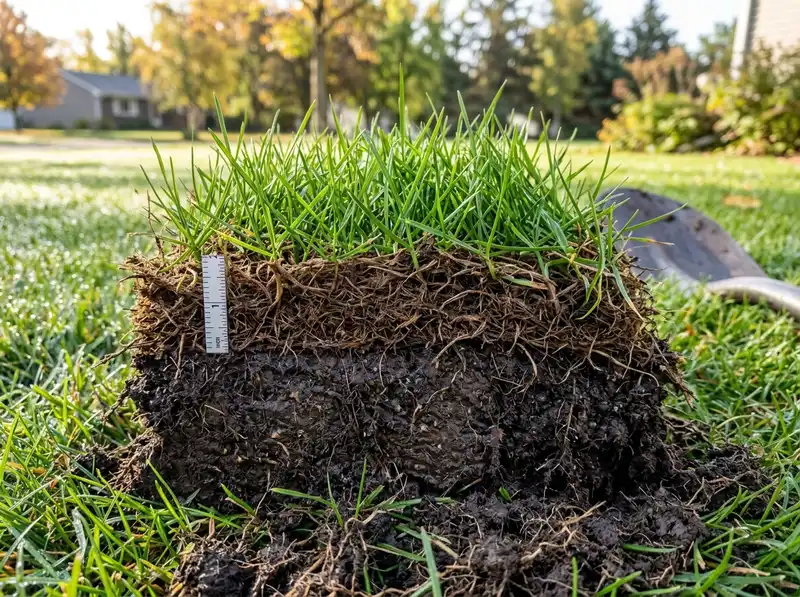 Thick lawn thatch layer cross-section in Detroit Lakes landscaping