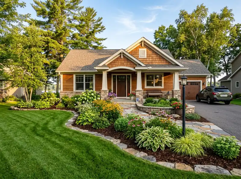 Professional landscaping with mulched garden beds and green lawn in Detroit Lakes