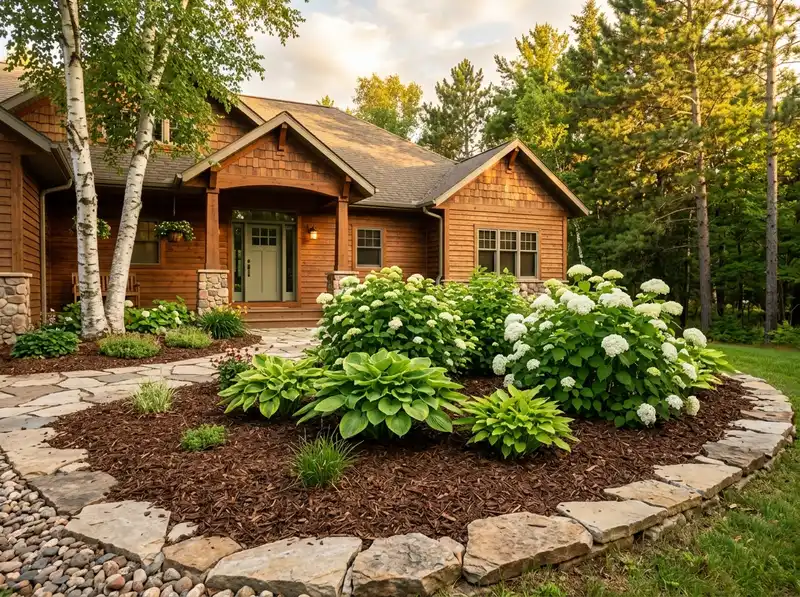 Landscaping design with flagstone edging and fresh mulch in Detroit Lakes by Chips Clips