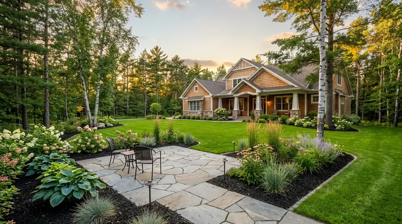 Stunning residential landscaping with flagstone patio and green lawn in Detroit Lakes Stunning residential landscaping with flagstone patio and green lawn in Detroit Lakes