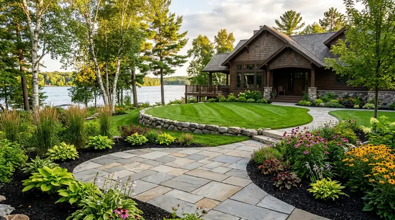 Professional landscaping with stone patio and lawn in Detroit Lakes, MN Professional landscaping with stone patio and lawn in Detroit Lakes, MN