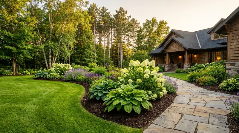 Professional landscaping with a stone paver path and manicured lawn in Detroit Lakes Professional landscaping with a stone paver path and manicured lawn in Detroit Lakes